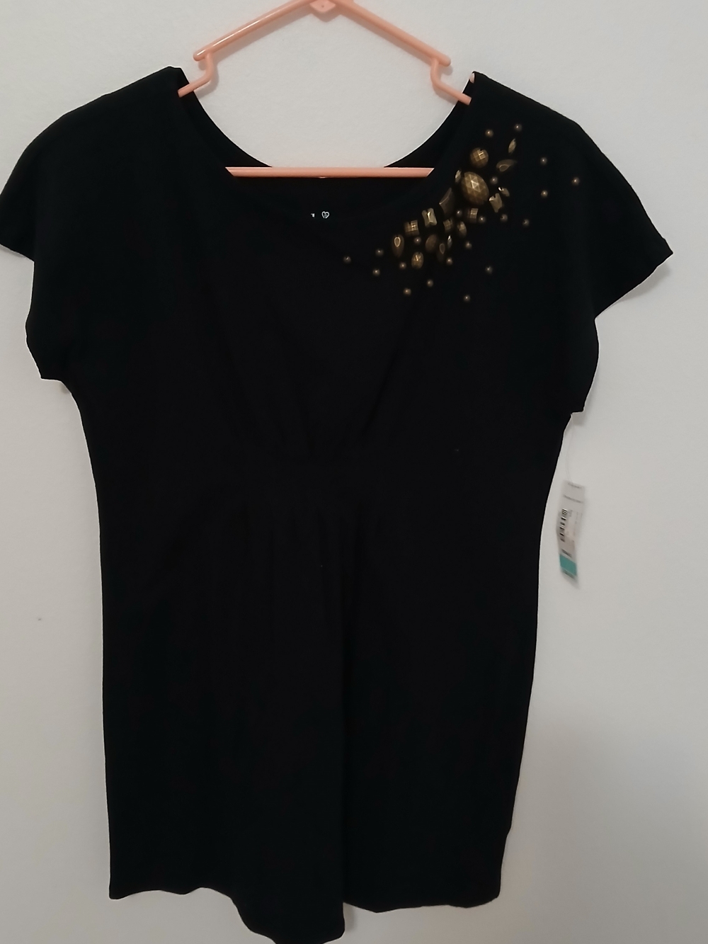 duo Black Women's Short Sleeve Maternity Top with Gold Stud Accent